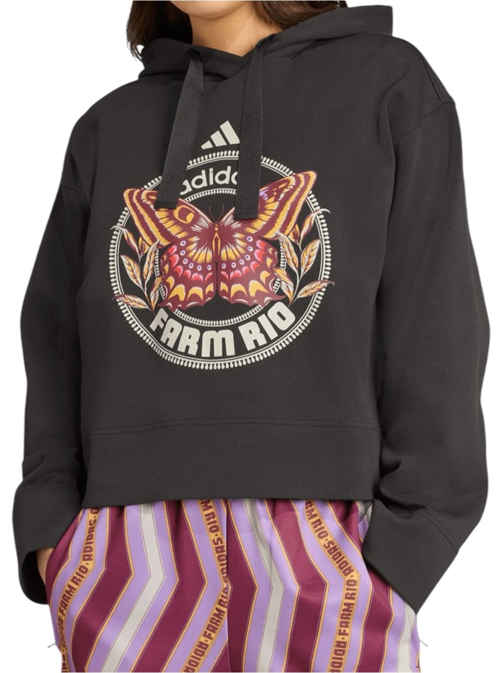 NWT Farm Rio x Adidas Butterfly Graphic Hoodie Black/Turquoise Stripe SZ S